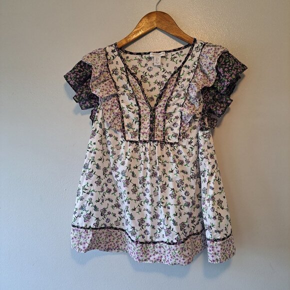 CAROLINA BELLE Montreal Purple Floral Cotton Flutter Sleeve Blouse Shirt Size S - Picture 1 of 11